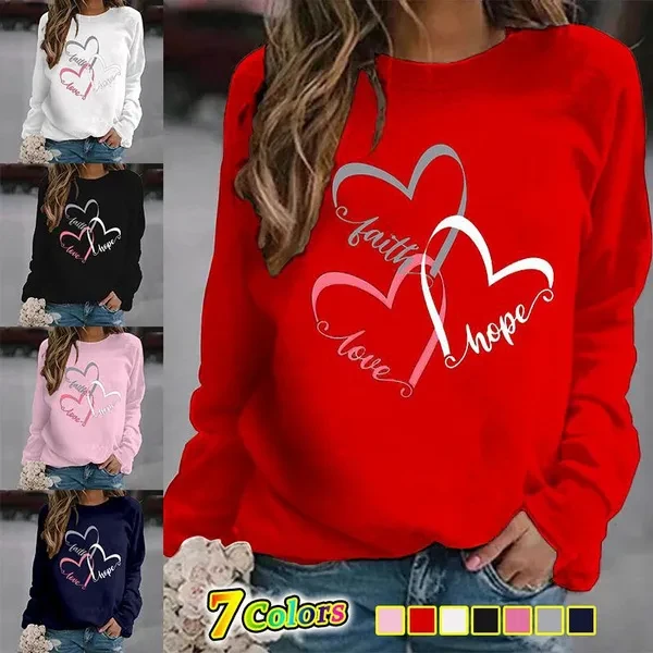 Ladies Fashion Clothes Round Neck Love Faith Hope Printed Pullover Sweatshirts Autumn and Winter Soft Warm Sportswear Loose Jumpers Casual Streetwear Tops Long Sleeved Sweatshirts