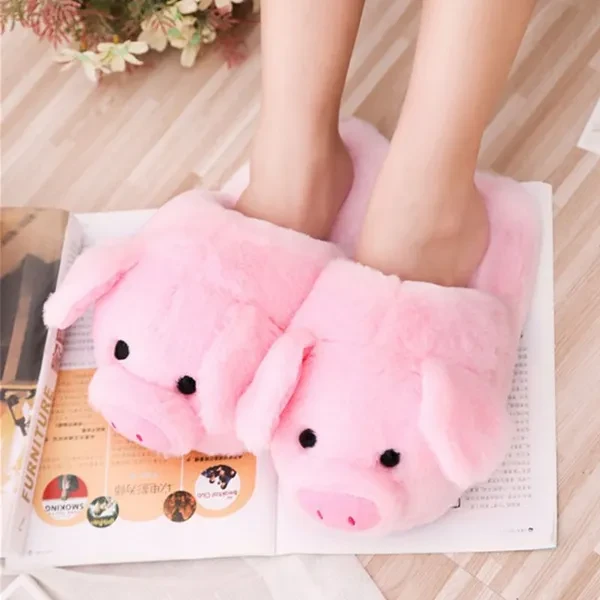 Women Winter Cute Pink Pig Animal Cartoon Plush Slippers Non-Slip Furry Shoes STA