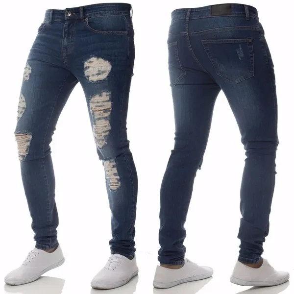 Mens Casual Skinny Jeans Pants Men Solid black ripped jeans men Ripped Beggar Jeans With Knee Hole For Youth Men