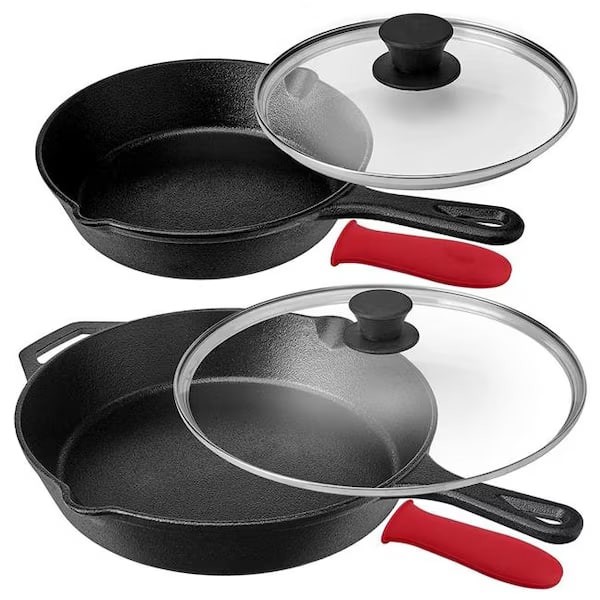 Megachef MCCI-460 6 Piece Pre-Seasoned Cast Iron Skillet Set with Lids & Red Silicone Holders