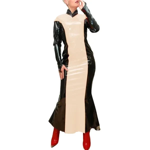 Women High Collar Skinny Patchwork Leather PVC Bodycon Sexy Long Dress Long Sleeve Slim Sheath Dress Mermaid Pencil Dress Party