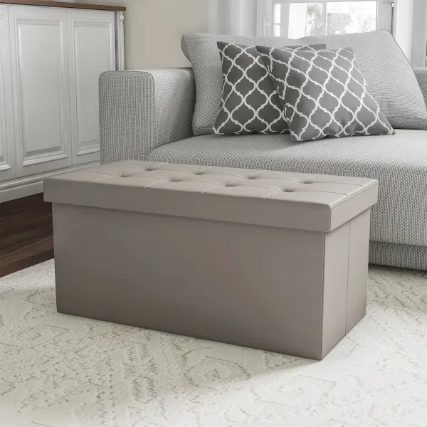 Folding Storage Bench Ottoman Faux Gray Leather- Foam Padded Lid-Removable Bin-Organizer