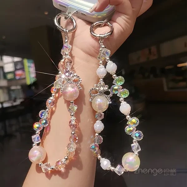 [Crystal Bead Phone Chain] Crystal Bead Mobile Phone Chain, Wrist Pendant Beaded Bracelet, Portable Female Short Style Mobile Phone Case Lanyard Universal