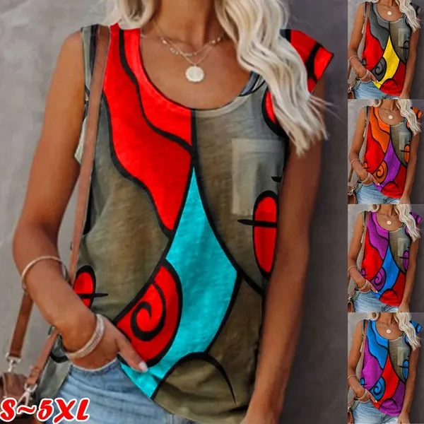 NEW Women's Fashion Sleeveless Stitching T-shirt Round Neck Printing Blouse Ladies Female Plus Size Tops