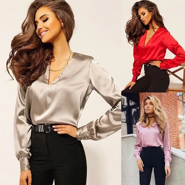 Deep V-neck top long-sleeved satin blouse