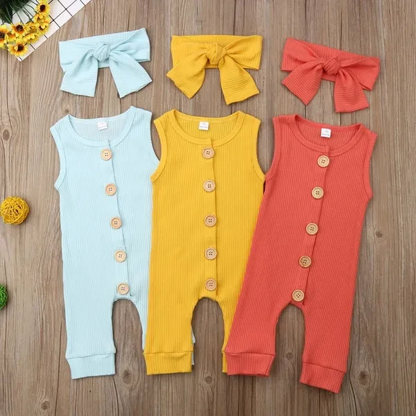 Newborn Infant Baby Girl Boy Casual Button Sleeveless Outfit Romper Jumpsuit Headband Clothes Set