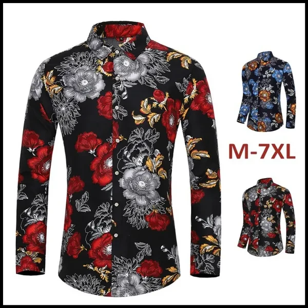 MEN`S Flower Shirt/Floral Shirt Long-sleeve Button Up Shirt Fashion Male Casual Blouse (M-7XL)