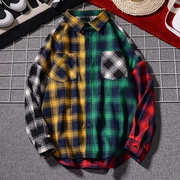 5 Colors Spring Autumn Unisex Long-sleeved Plaid Shirt Men's Fashion Color Matching Hip-hop Loose Shirt Casual Jacket（Plus Size XS-5XL）