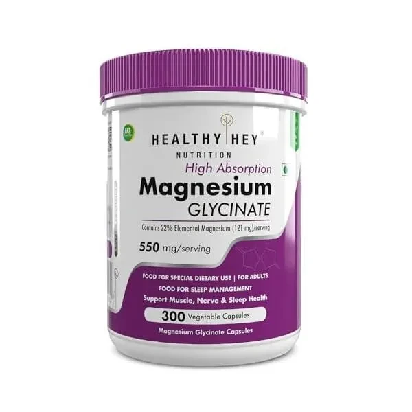 HealthyHey Nutrition Magnesium Glycinate High Absorption for Sleep Cramps & Nerves Health -300 Vegetable Capsules