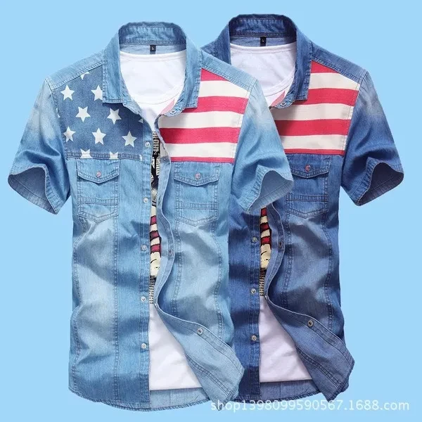 Summer men's denim short-sleeved shirt ripped Korean version slim shirt gown