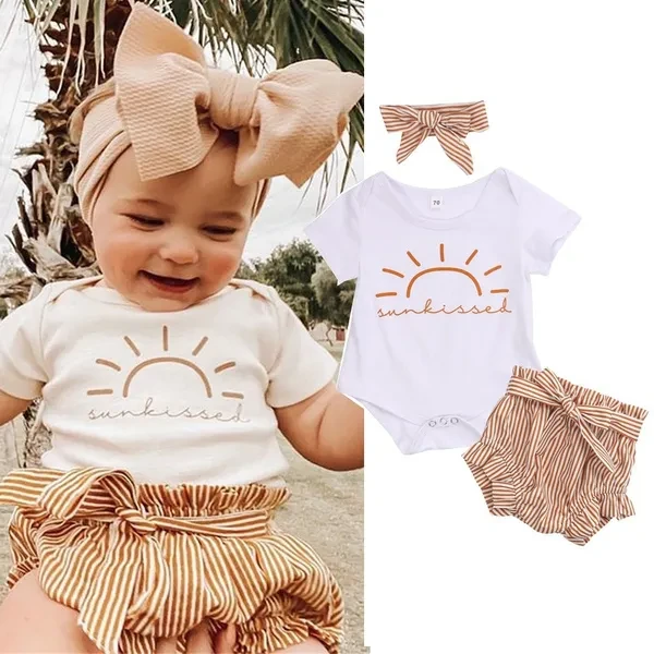 Newborn Baby Girl Short Sleeve Romper Tops Shorts Pants Headband Outfit 3Pcs Clothes Set 0-24M