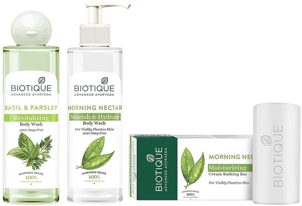 Biotique Morning Nectar Nourish & Hydrate Body Wash For Visibly Flawless Skin, 200ml & Biotique Apricot Refreshing Body Wash, 200ml & Biotique Bio Morning Nectar Bathing Bar, 150g