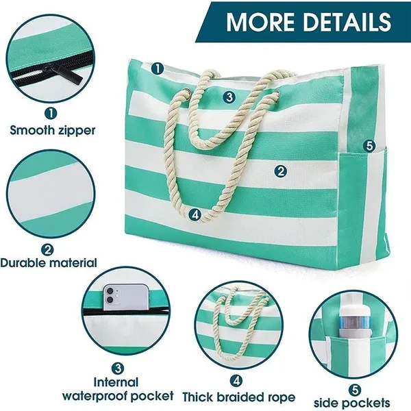 Beach Bag for Women - Large Beach Tote Bag, Waterproof Sandproof Beach Bag with Zipper, Large Swim Pool Beach Tote