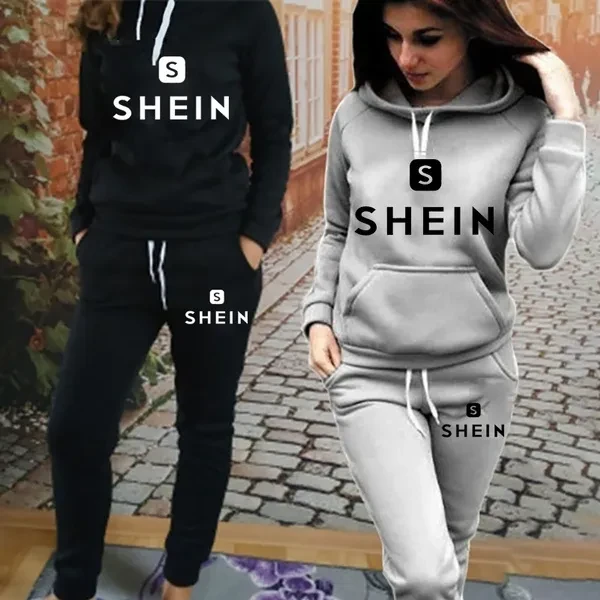 Shein Fashion Women Printed Hoodie + Pants Set Casual Pants Tracksuits Sport Clothing Sets