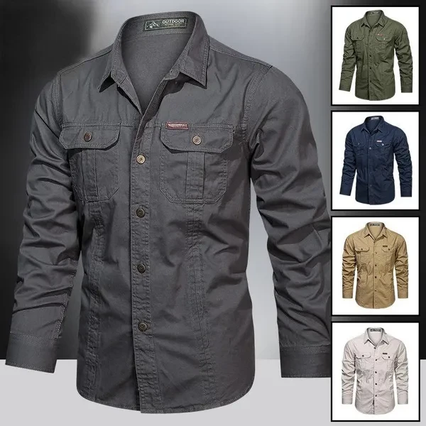 Retro Cargo Style Men's Long Sleeved Shirts with Pockets Men's Casual Button Up Shirts Spring Autumn Military Shirts