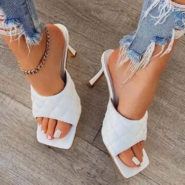 Women High Heel Sandals Summer Stilettos Slippers Fashion Ladies Design Square Toe Stiletto Heels Wedding Shoes
