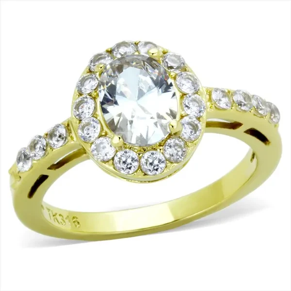 Women's Stainless Steel 316 Oval Cut Zirconia Gold Plated Halo Engagement Ring Size 5-10