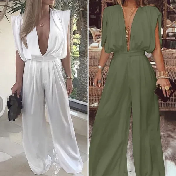 ZANZEA Women V Neck Solid Sleeveless Party Long Jumpsuit Wide Leg Lace-Up Summer Romper Pants