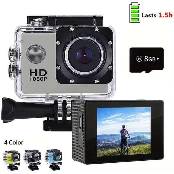 1080P Action Camera With 8G Card ,170° Wide Angle Sports Camera Waterproof Up To 30m, Perfect for Outdoor Sports and Underwater Photography