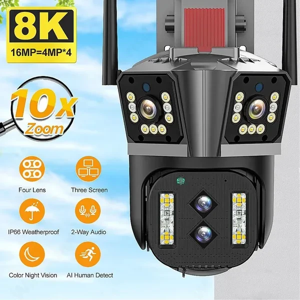 16MP 8K WiFi IP Camera 10X Zoom 4K Outdoor Security Camera Surveillance AI Track Four Lens Three Screen Mini Street Camera 360°+[32G64G TF Card]
