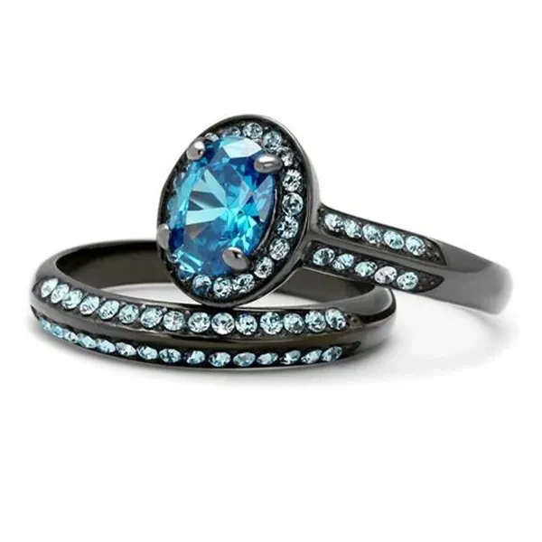 2.65 Ct Sea Blue Cz Halo Gray Stainless Steel Wedding Ring Set Women's Size 5-10