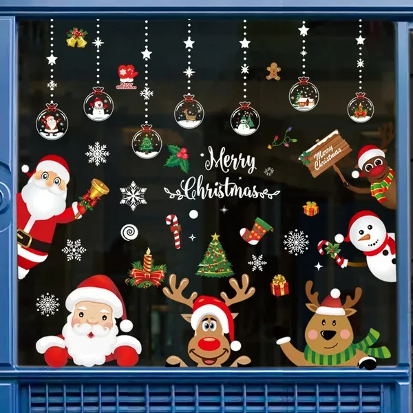 13 Types of Creative Cute Christmas Stickers Double-sided Christmas Glass Window Sticker Santa Elk Snowman Pattern Sticker Christmas Snowflake Wall Sticker Christmas Decoration