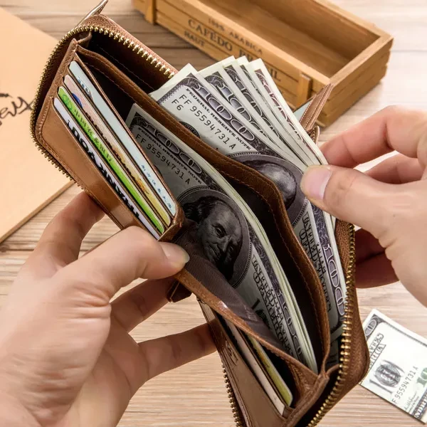 RFID Blocking Wallet Mens Genuine Leather Wallet for Men Large Capacity ID Window Card Case with Zip Coin Pocket