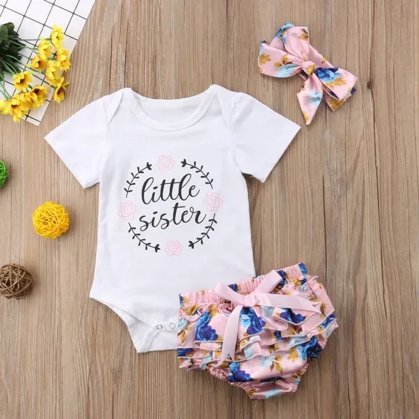 Newborn Infant Baby Floral Girl Top Romper Jumpsuit + Short Pants Headband Outfit Set Clothes