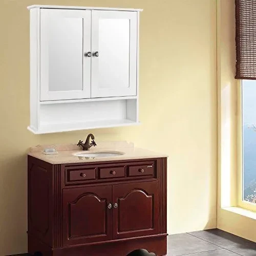 Bathroom Cabinet Double Mirror Door Wall Mount Wood Storage Shelf (White)