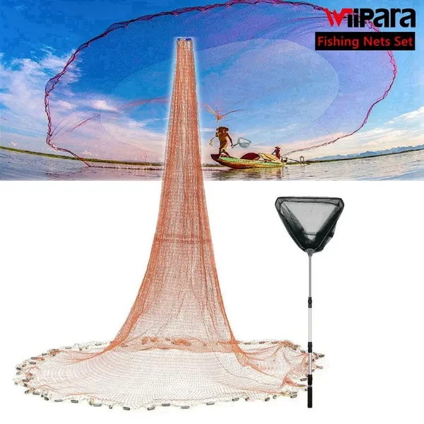 WIIPARA Heavy Duty Fishing Nets Strong Nylon Mesh Wire Net Dia. 8FT 12FT 16FT Throw Net Cast Net and Telescopic Fishing Landing Net Set Telescopic Pole Handle Mesh for Saltwater Freshwater Fishing Tra