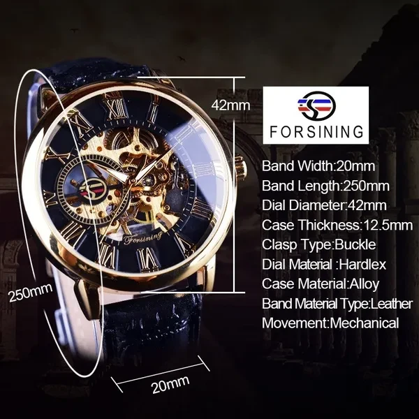 FORSINING Skeleton Watches Black Genuine Leather Strap Mens Automatic Watch Relogio Masculino with Gift Box