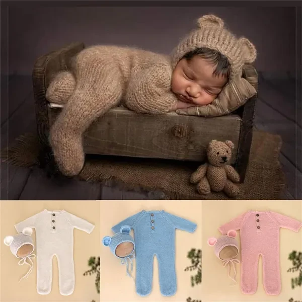 Newborn Photo Props Mohair Bear Costume Bonnet Hat Baby Footed Romper PhotoShooting Clothes Photostudio Accessory 2PCS OUY