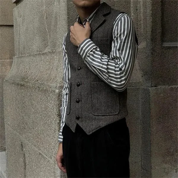 Lapel Men Vest Business Vintage Collar Herringbone Vest