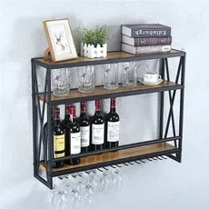 Industrial Wine Racks Wall Mounted With 7 Stem Glass Holder 3-Tiers Rustic Metal Hanging Wine Holder,36in Wall Mount Bottle Holder