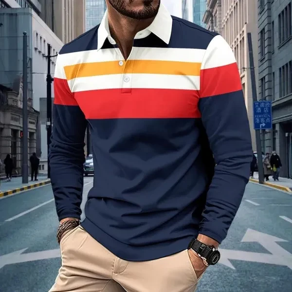 Spring Autumn Fashion Men Striped Patchwork Long Sleeved Tshirts
