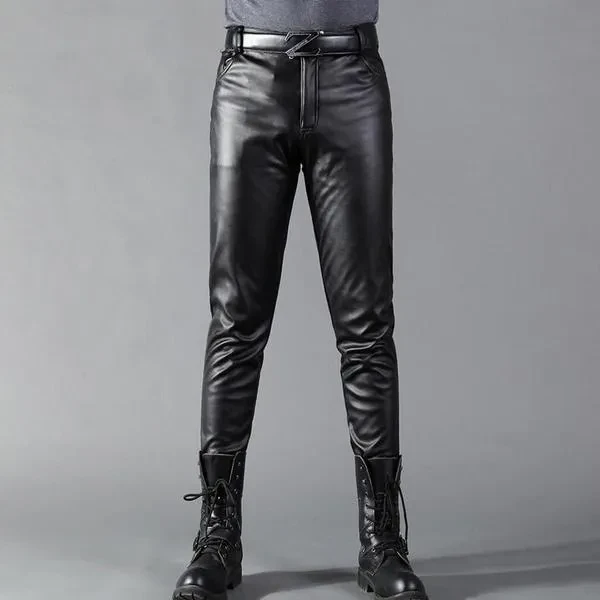Men Leather Pants Skinny Fit Elastic Style Fashion PU Leather Trousers Motorcycle Pants Thin Streetwear