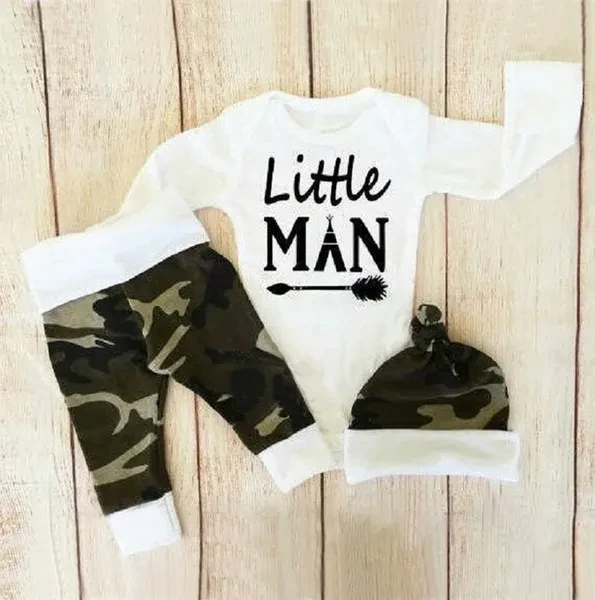 Newborn Toddler Baby Boys Camouflage Tops Romper Pants Hat Outfits Set Clothes 0-18M
