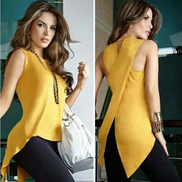 Women Sexy Sleeveless Solid Color Round Neck Slim Fit Irregular Patchwork Blouse Vest Tank Tops