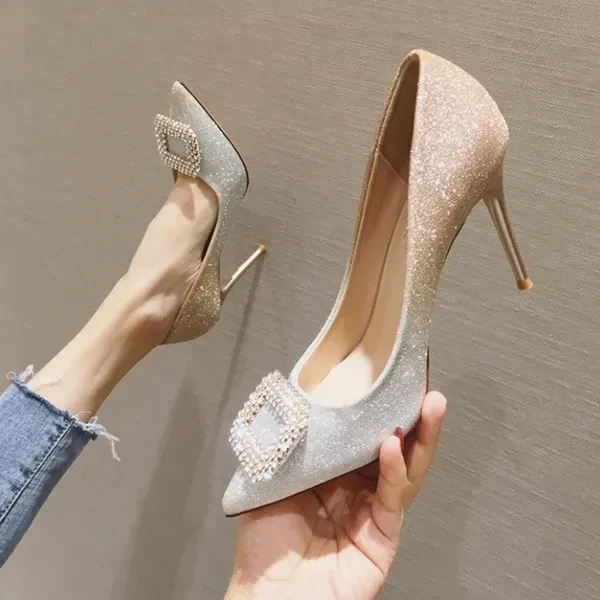 2020 NEW Fashion Gradient Color Rhinestone Snowflake Buckle High Heels Pointed Toe Stiletto Pumps Single Shoes Banquet Wedding Shoes