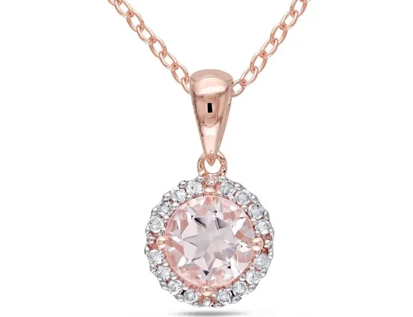 4/5 Carat (ctw) Morganite Halo Pendant Necklace with Diamonds 1/10 Carat (ctw) in Rose Pink Plated Sterling Silver and