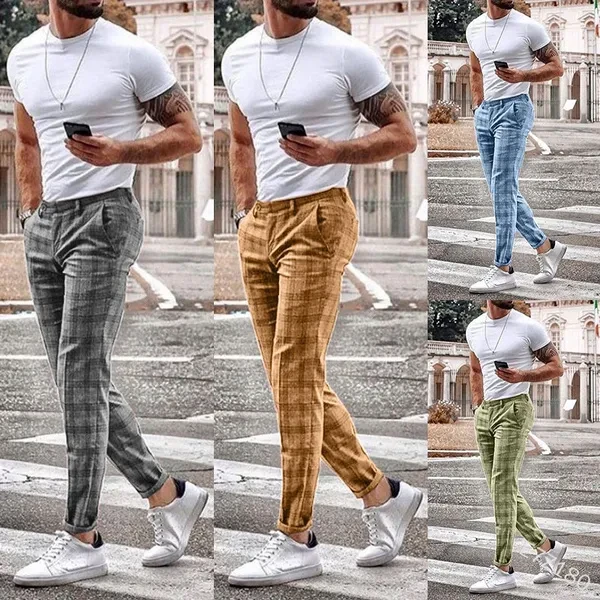 Men&#39;s Fashion Plaid Pants Business Trousers Casual Jogger Cotton Long Pants