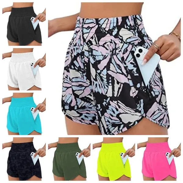 Women's Athletic Shorts High Waisted Running Shorts Pocket Sporty Short Gym Elastic Workout Shorts