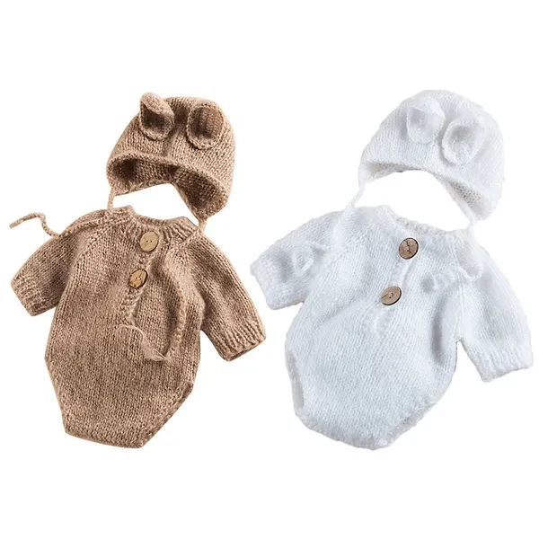 2 Pcs Knitted Baby Hat Romper Set Newborn Photography Props Outfit Infants Photo Shooting Clothing MON
