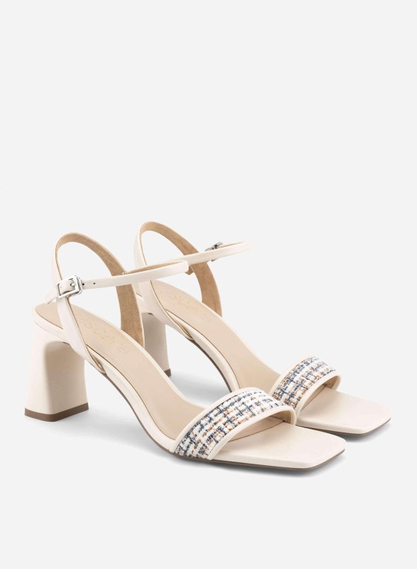 Tweed Block Heel Sandals - PUM 0816 - Cream