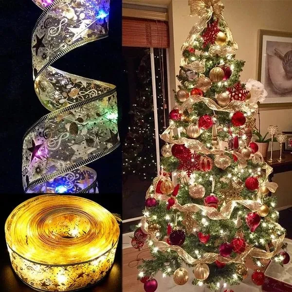 Christmas Decoration LED Ribbon Lights Christmas Tree Ornaments DIY Lace Bows String Lights Navidad Home Decors New Year