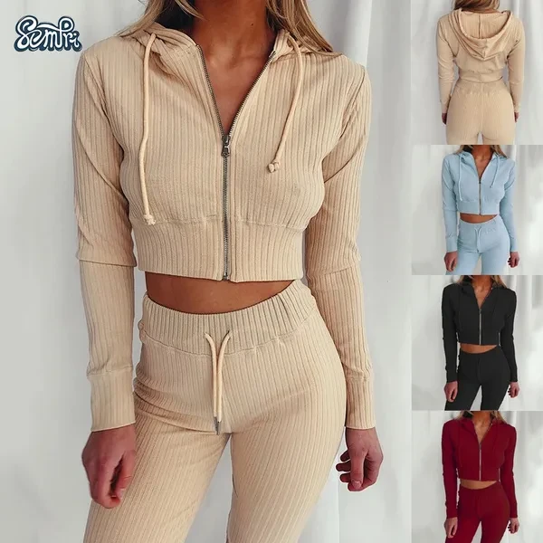 2022 New Tracksuit Womens Zipper Sexy Long Sleeve Crop Tops Hoodies+Long Pants Two Piece Sets Sportwear Clothes 2 Piece Outfits Women