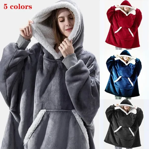 New Fashion Women's and mens Oversized Hoodie Blanket long Sleeves Sweatshirt Plaid Winter Fleece Keep warm Hoody Pocket Loose Female Hooded Sweat
