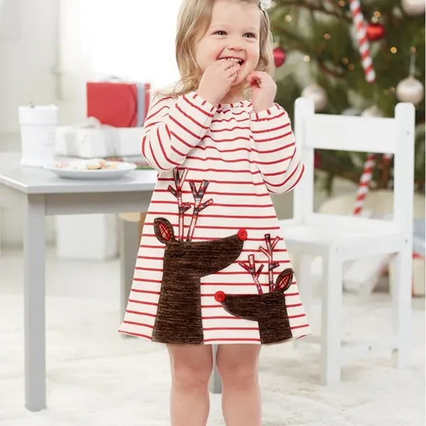 Baby Toddler Girls Christmas Reindeer Printed Long Sleeve Red&White Stripe Dress Clothes for 1-6T