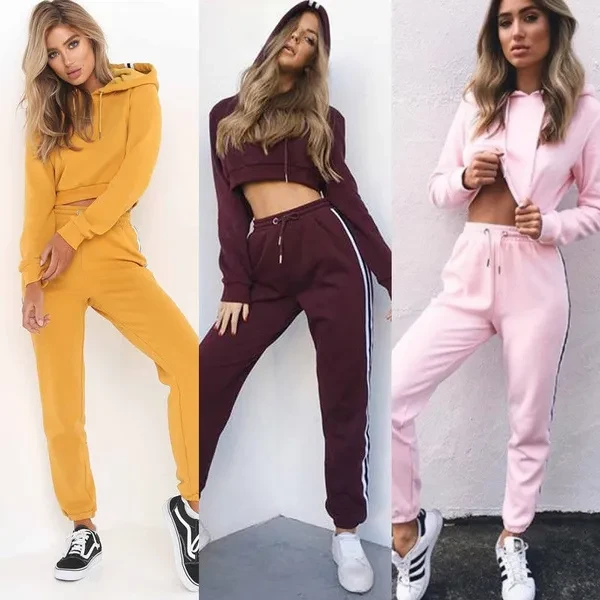 Women Ladies Tracksuit Crop Hoodies Sweatshirt Pants Sets Leisure Wear Casual Suit