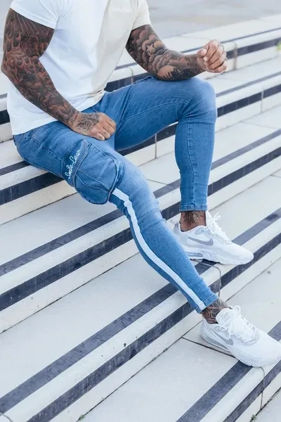 New Men's White Slim-fitting Ripped Jeans Pants with Paint Webbing Jeans